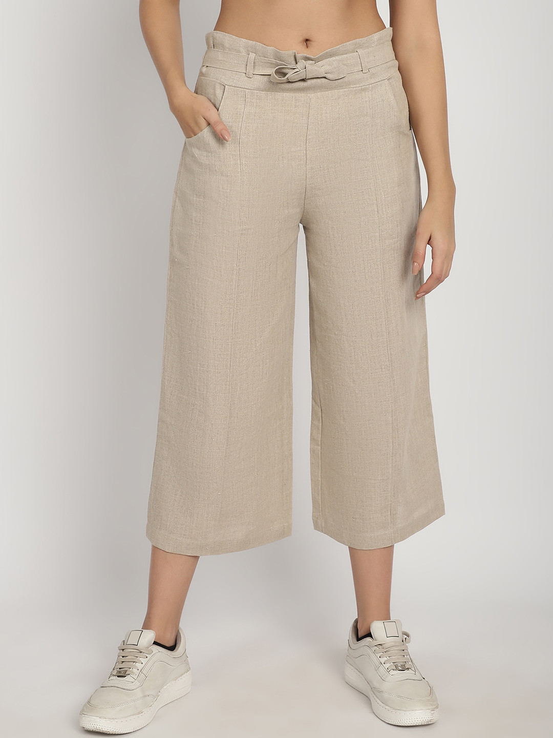 

Purple State Women Comfort Mid Rise Pleated Cotton Culottes Trousers, Beige