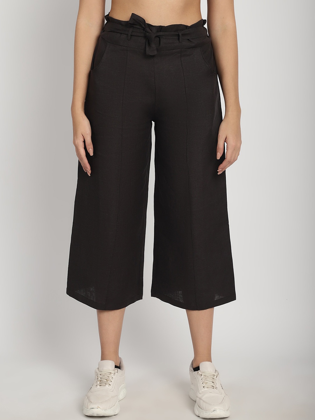 

Purple State Women Comfort Mid Rise Pleated Cotton Culottes Trousers, Black