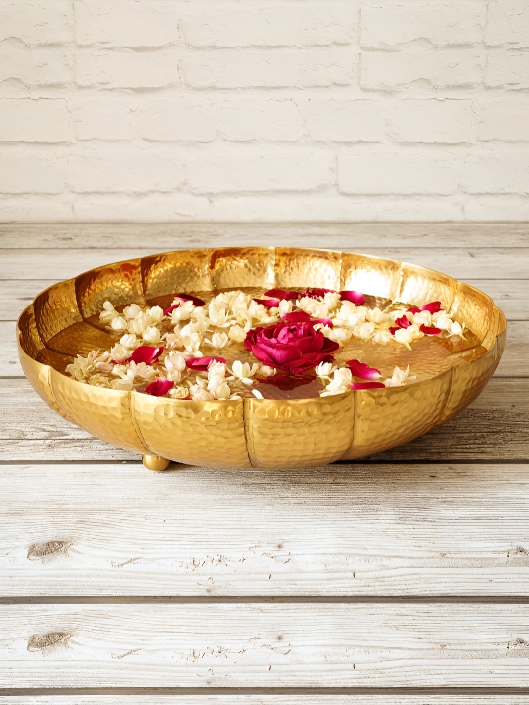 

BEHOMA Golden Hammered Flower Urli Decorative Bowls, Beige