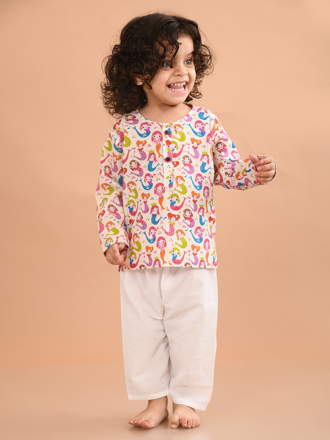 

LIL PITAARA Kids Printed Pure Cotton Top with Pyjamas, Cream