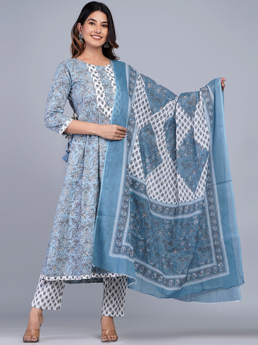 

DHROOV TARA Floral Printed Anarkali Pure Cotton Kurta with Trousers & Dupatta, Grey
