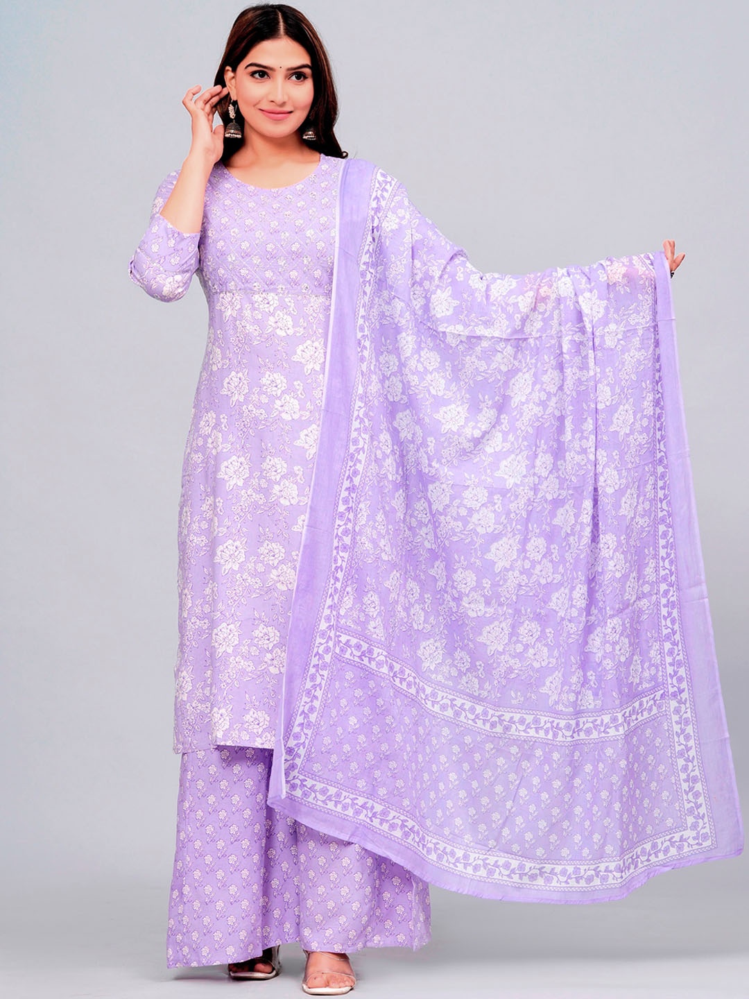 

DHROOV TARA Floral Printed Pure Cotton Kurta with Sharara & Dupatta, Lavender