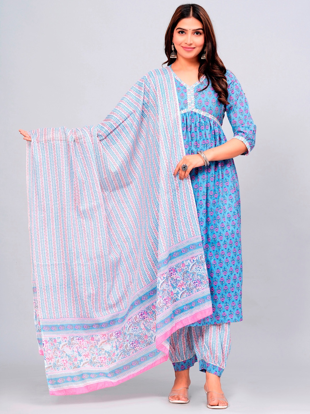 

DHROOV TARA Floral Printed A-Line Beads & Stones Pure Cotton Kurta with Trousers & Dupatta, Blue