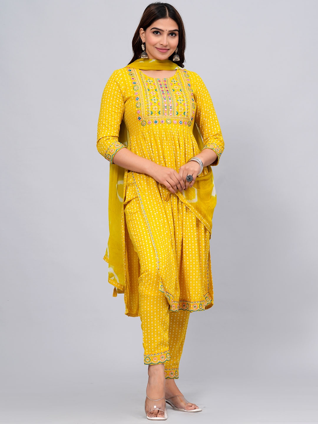 

DHROOV TARA Abstract Printed Mirror Work A-Line Kurta with Trousers & Dupatta, Mustard