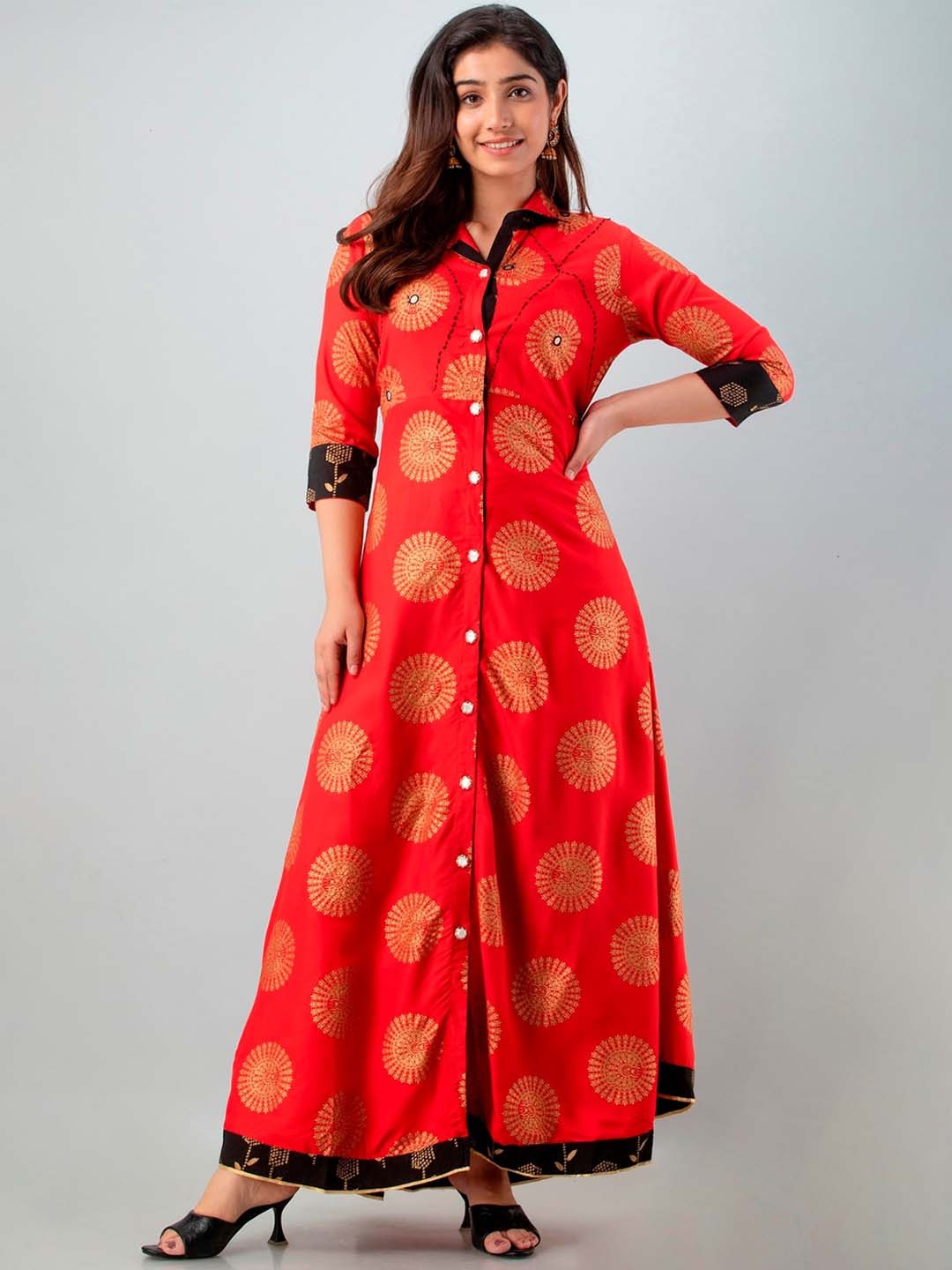 

DHROOV TARA Floral Printed Shirt Collar A-Line Maxi Ethnic Dress, Red