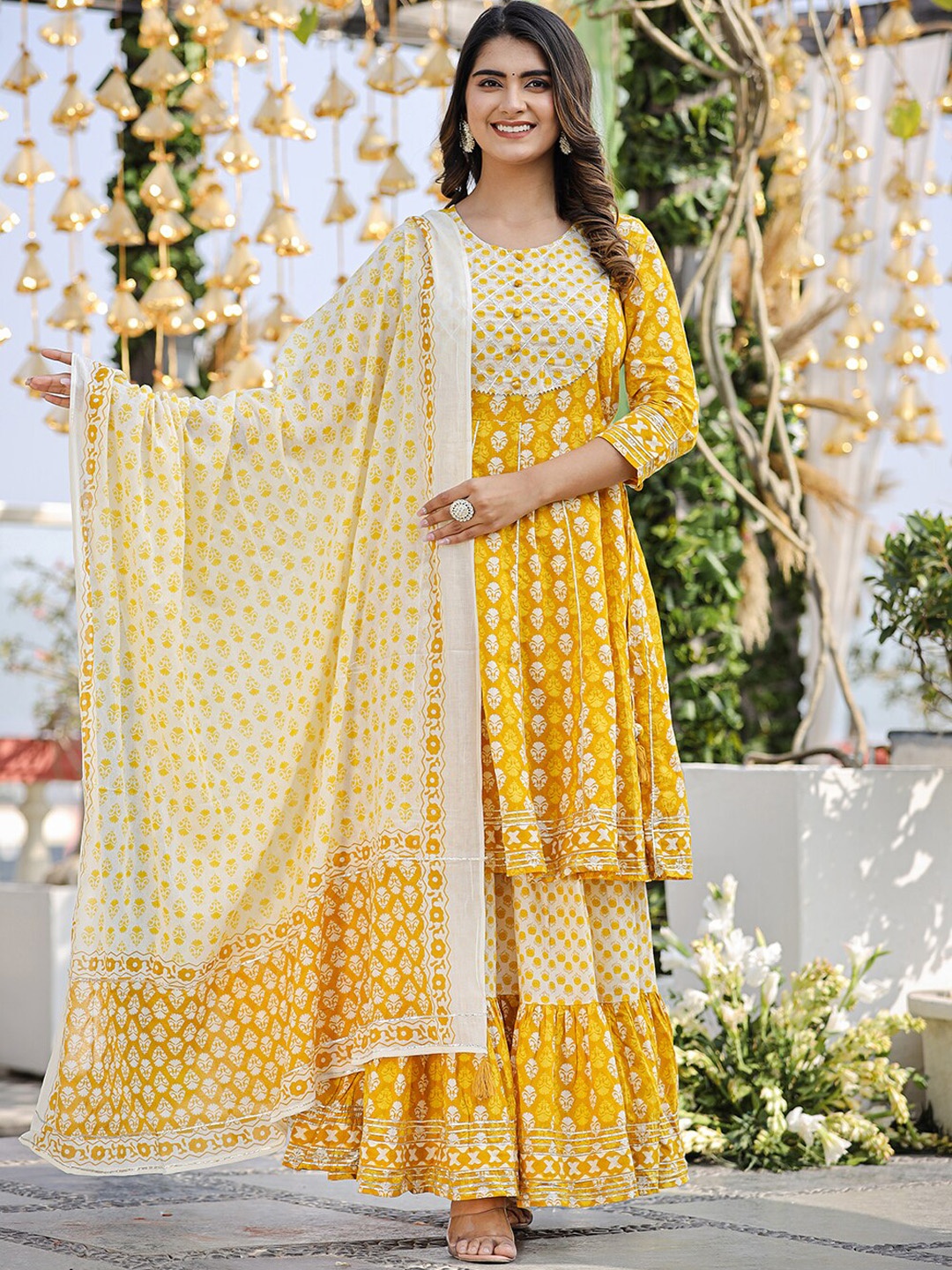 

KAAJH Ethnic Motifs Printed Gotta Patti Pure Cotton Anarkali Kurta & Sharara With Dupatta, Yellow