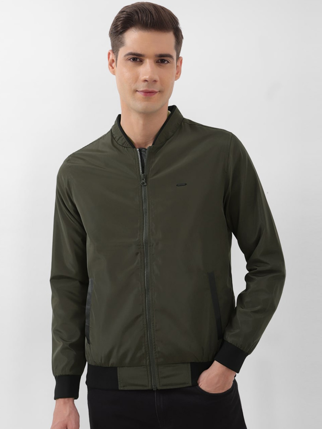 

PETER ENGLAND UNIVERSITY Stand Collar Long Sleeves Bomber Jacket, Green