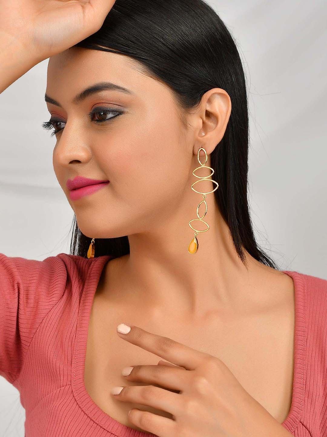 

ZURII Brass-Plated Stone-Studded Contemporary Shaped Drop Earrings, Gold