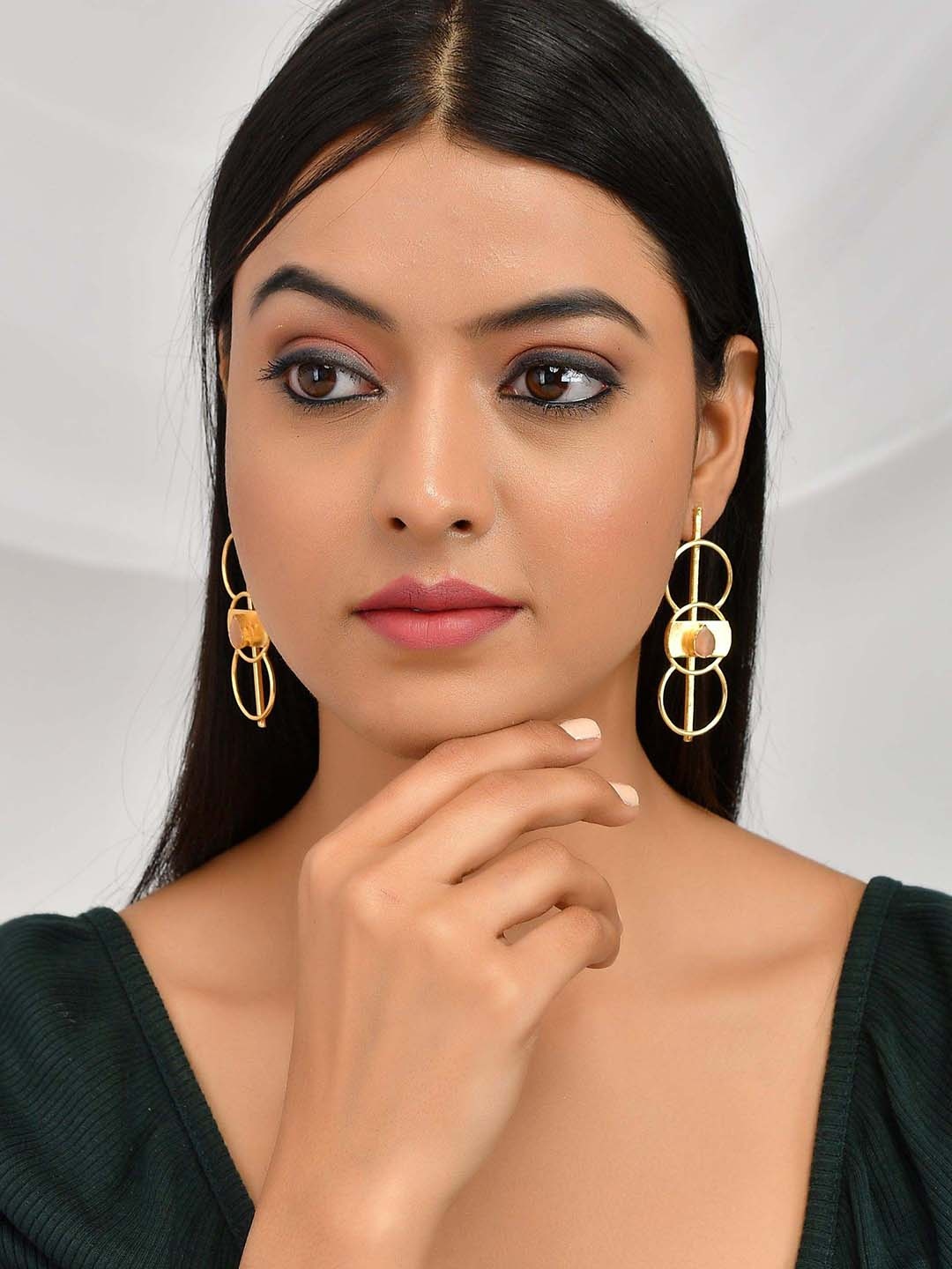 

ZURII Brass-Plated Artificial Stones Studded Geometric Drop Earrings, Peach