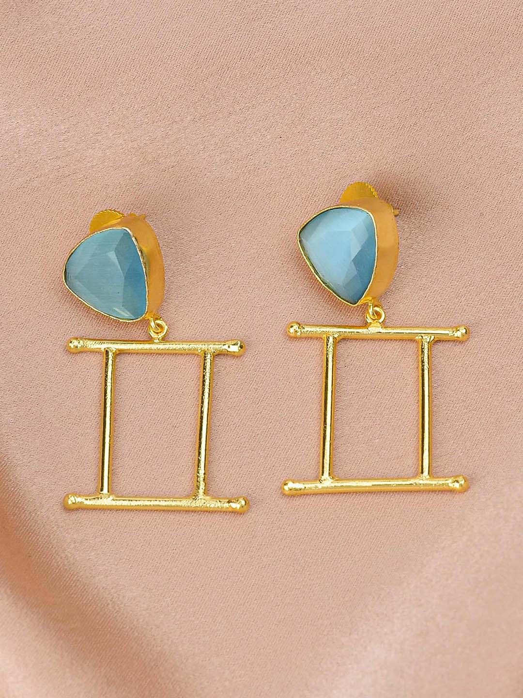 

ZURII Brass-Plated Artificial Stones Studded Geometric Drop Earrings, Gold