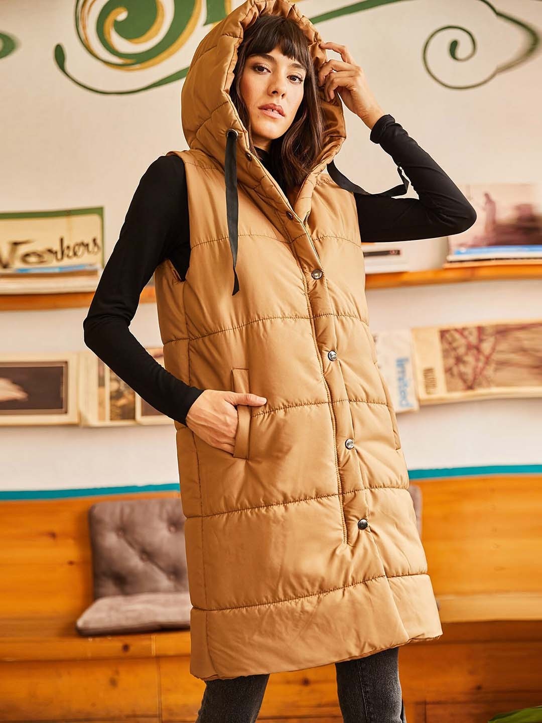 

Olalook Hooded Longline Padded Jacket, Camel brown