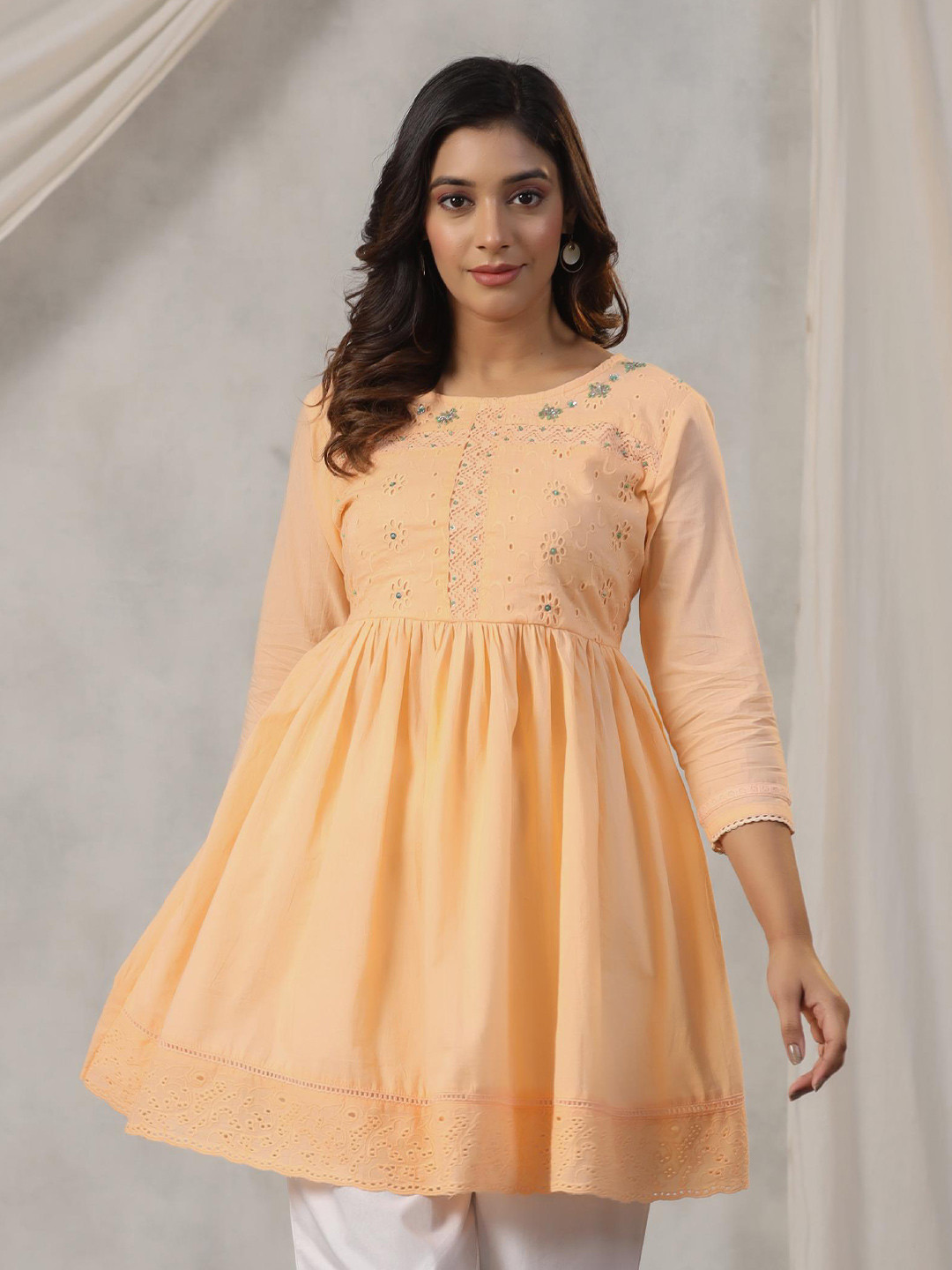 

Amirah s Ethnic Motifs Embroidered Beads and Stones Pure Cotton A-Line Kurti, Cream