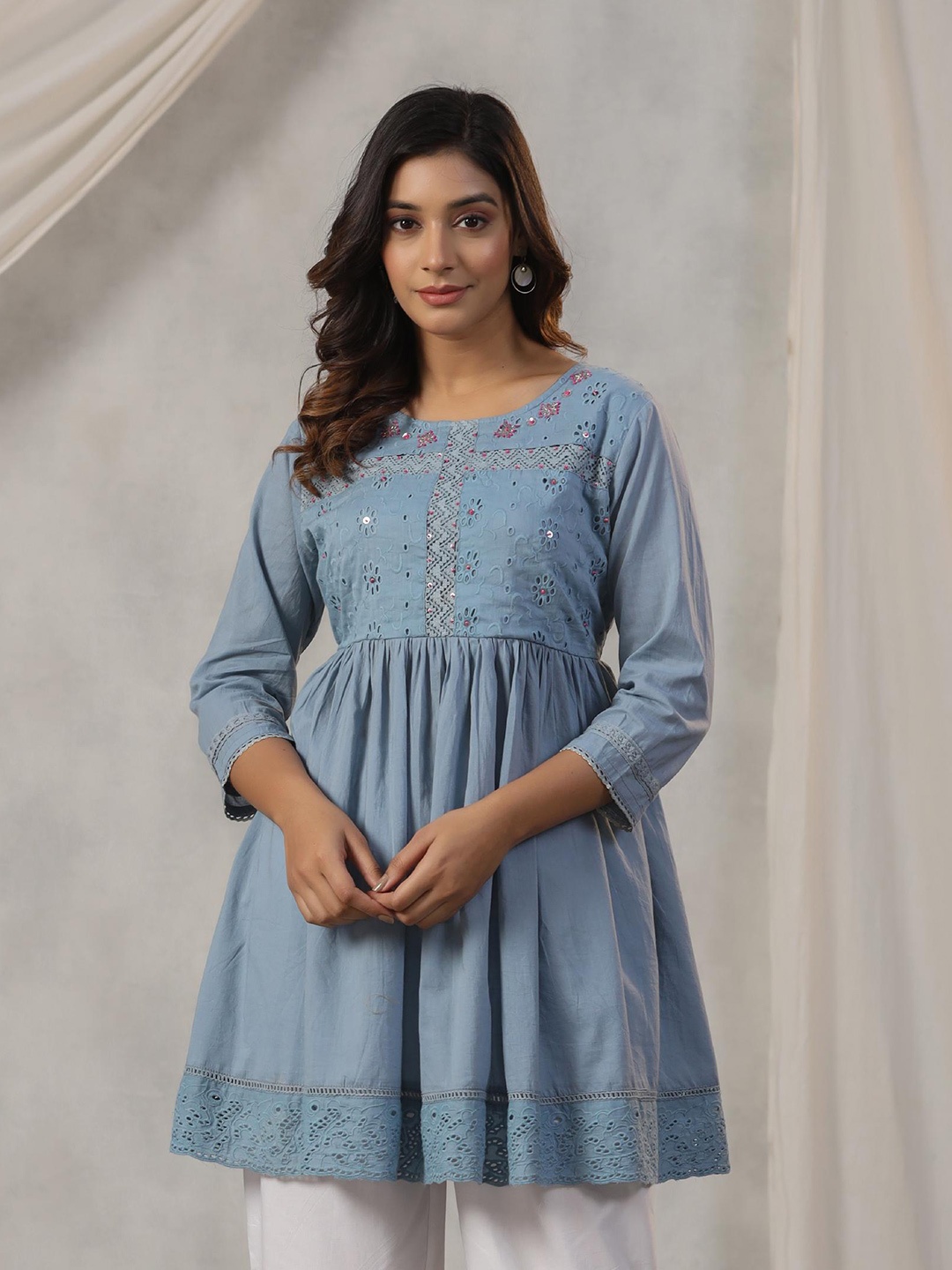

Amirah s Ethnic Motifs Embroidered Beads and Stones Pure Cotton A-Line Kurti, Blue