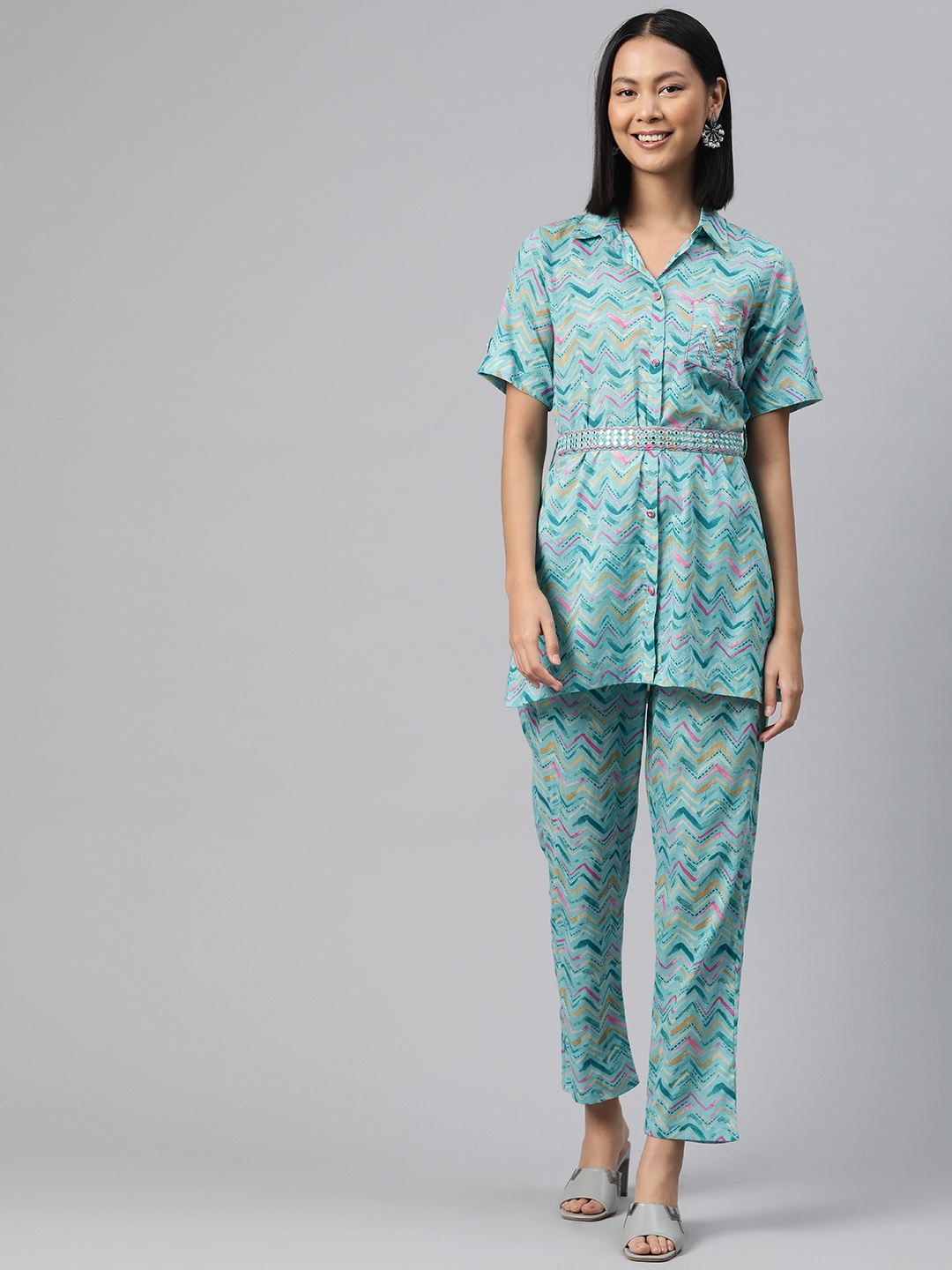

Readiprint Geometric Printed Pure Cotton Tunic with Trousers, Turquoise blue