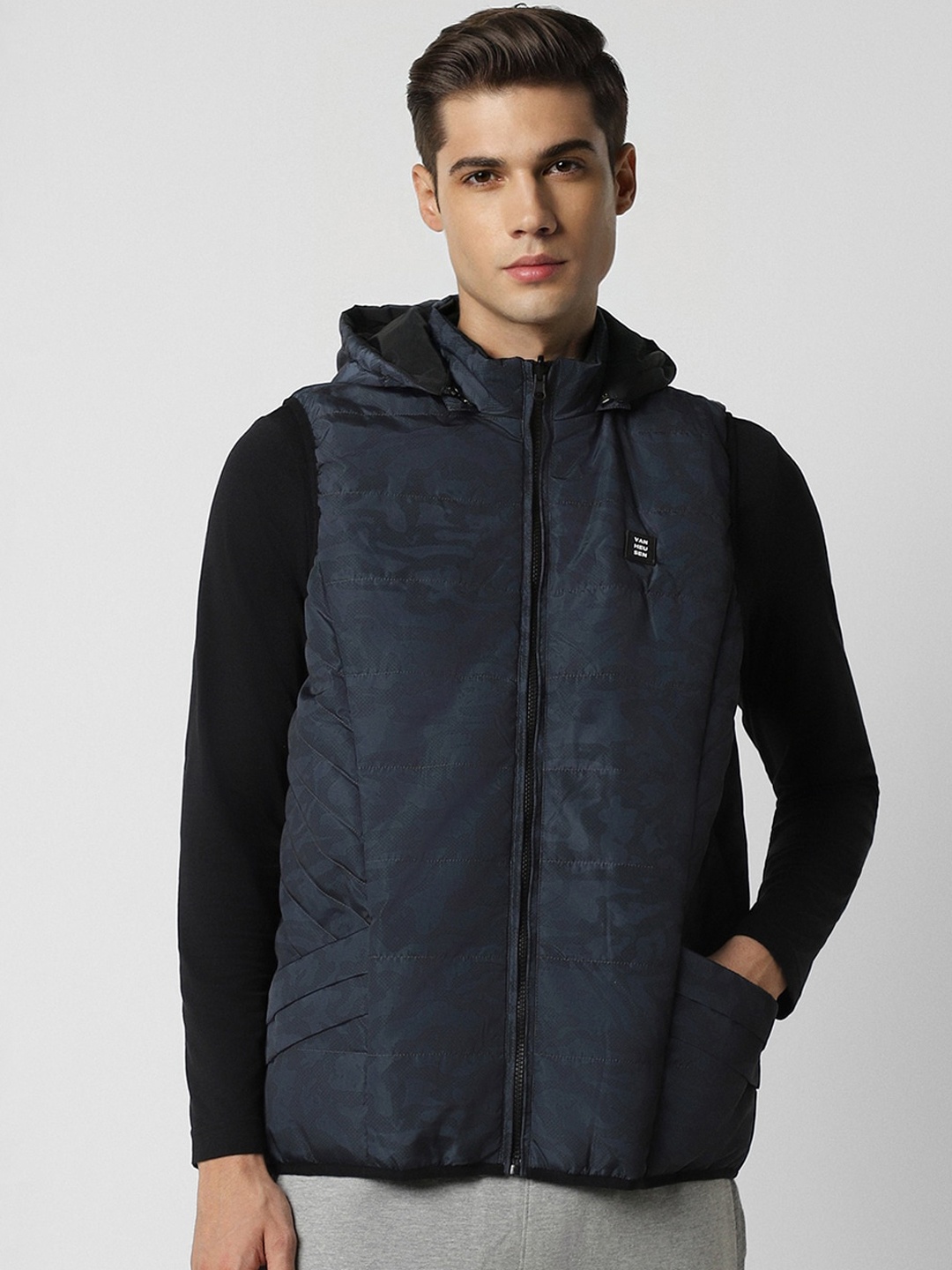 

Van Heusen Flex Camouflage Printed Hooded Sleeveless Padded Jacket, Black