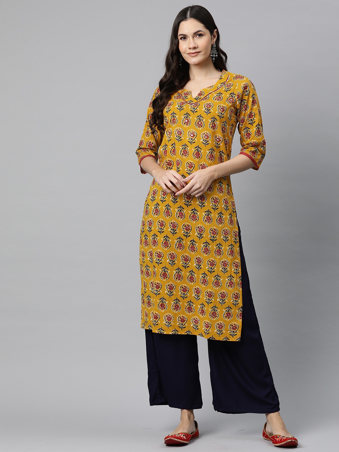 Readiprint Floral Printed Sequinned Pure Cotton Kurta, Mustard