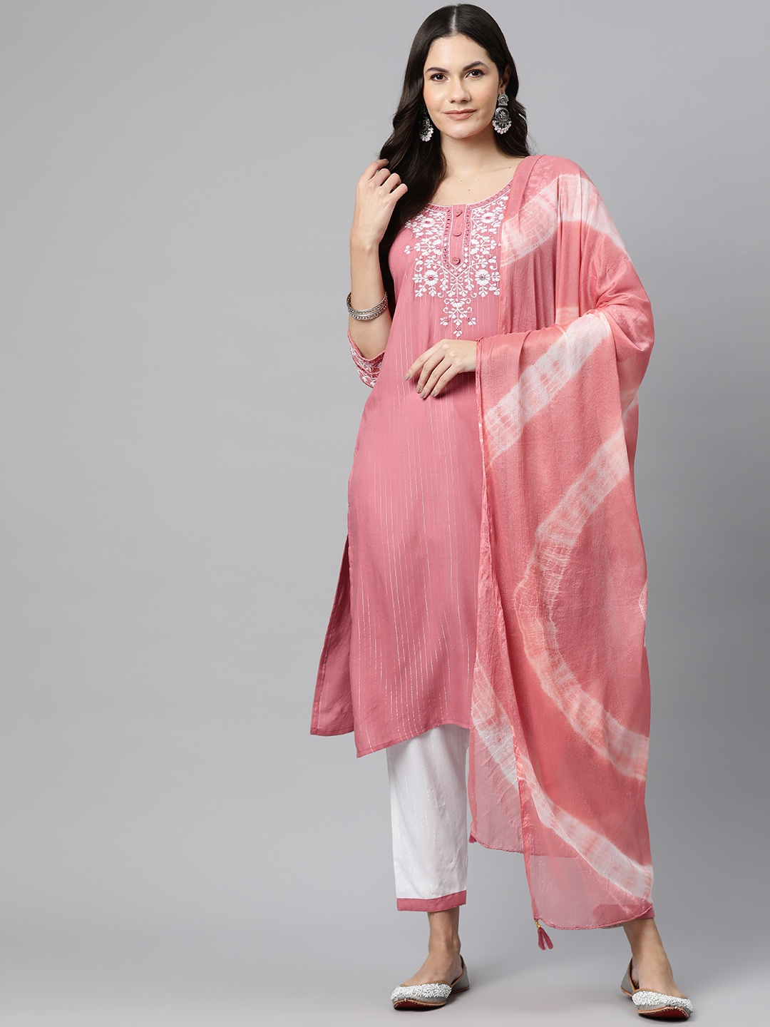 

Readiprint Floral Embroidered Mirror Work Kurta with Trousers & Dupatta, Mauve