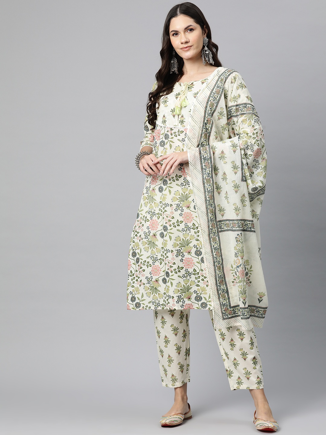 

Readiprint Floral Printed Pure Cotton Kurta with Trousers & Dupatta, Green