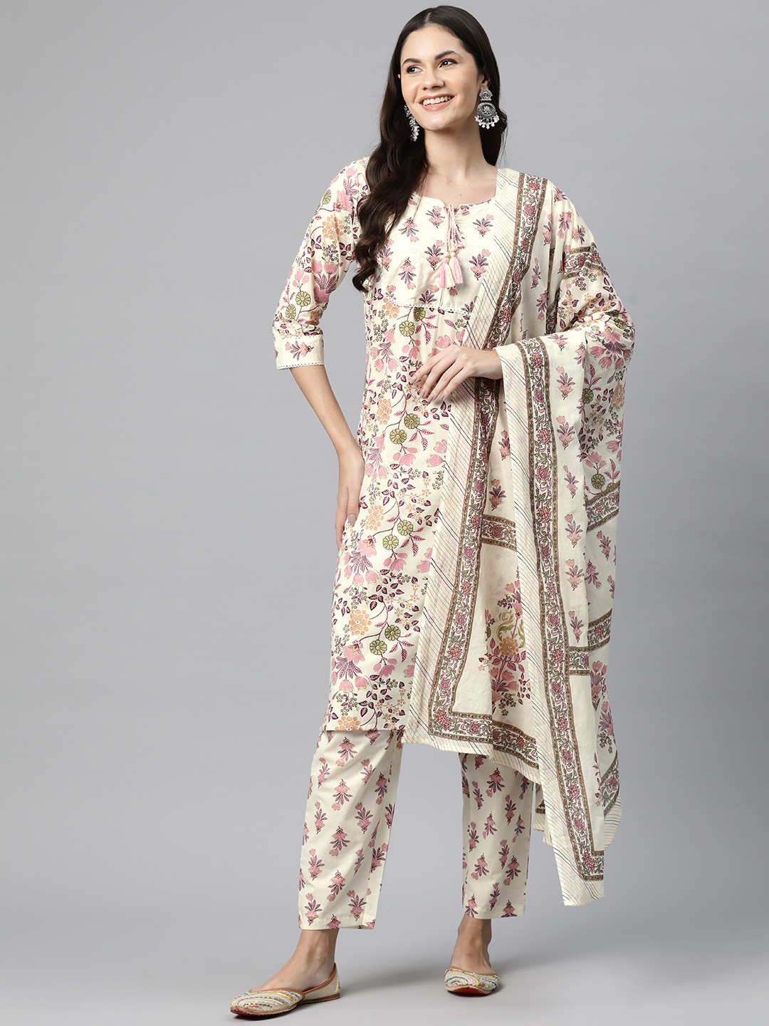 Readiprint Floral Printed Pure Cotton Kurta with Trousers & Dupatta, Pink