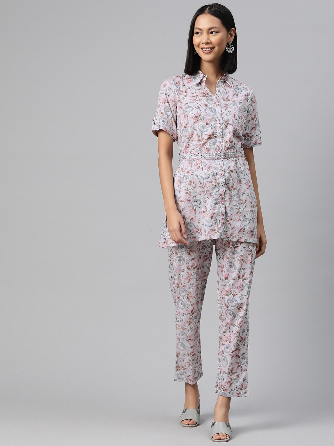 

Readiprint Floral Printed Pure Cotton Tunic with Trousers, Grey