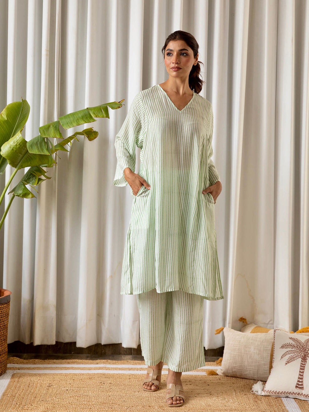 

Kapraaha Striped V-Neck Pure Cotton Night Suit, Green