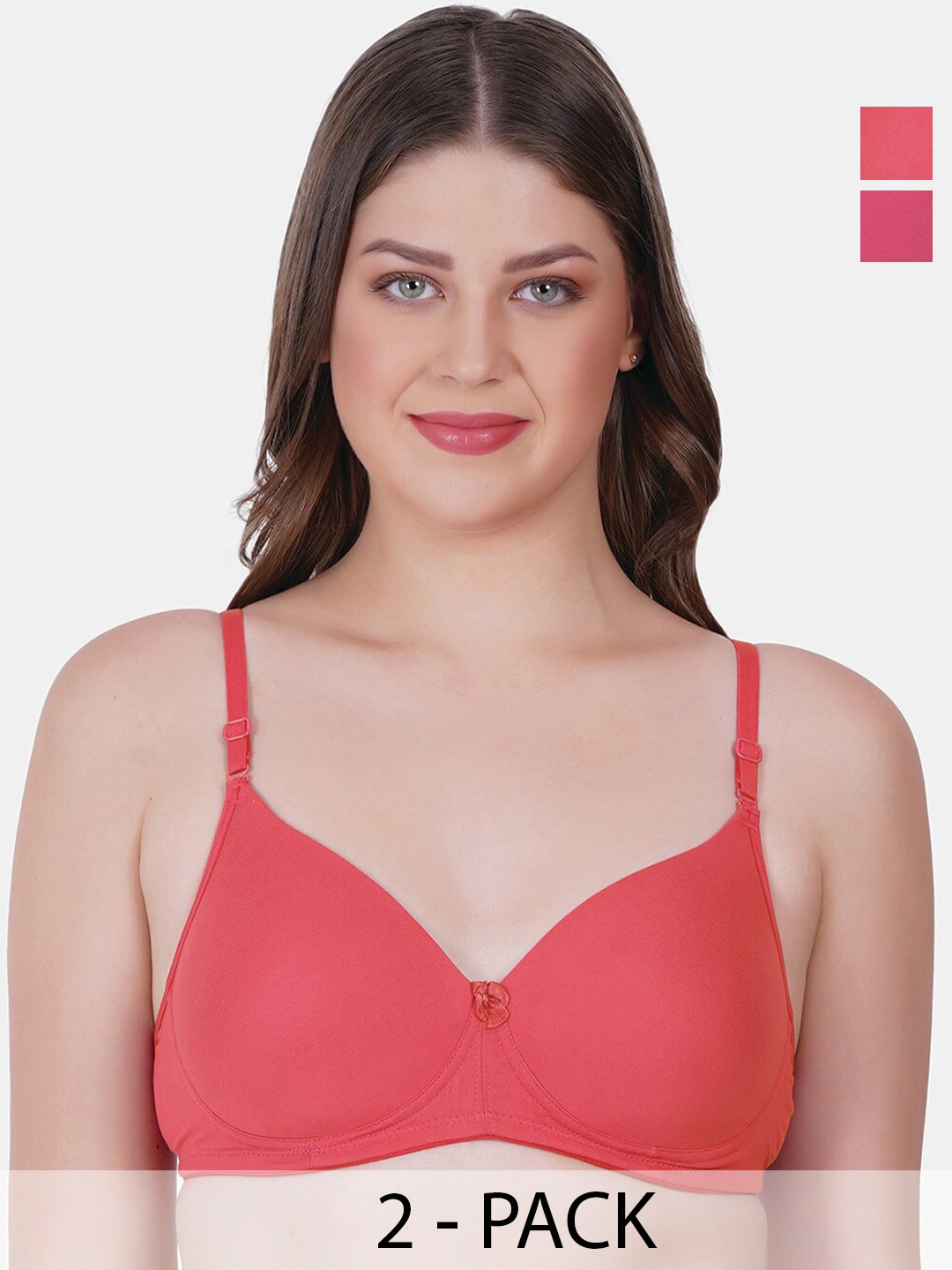 

Reveira Pack of 2 Medium Coverage Lightly Padded Push Up Bra with All Day Comfort, Pink