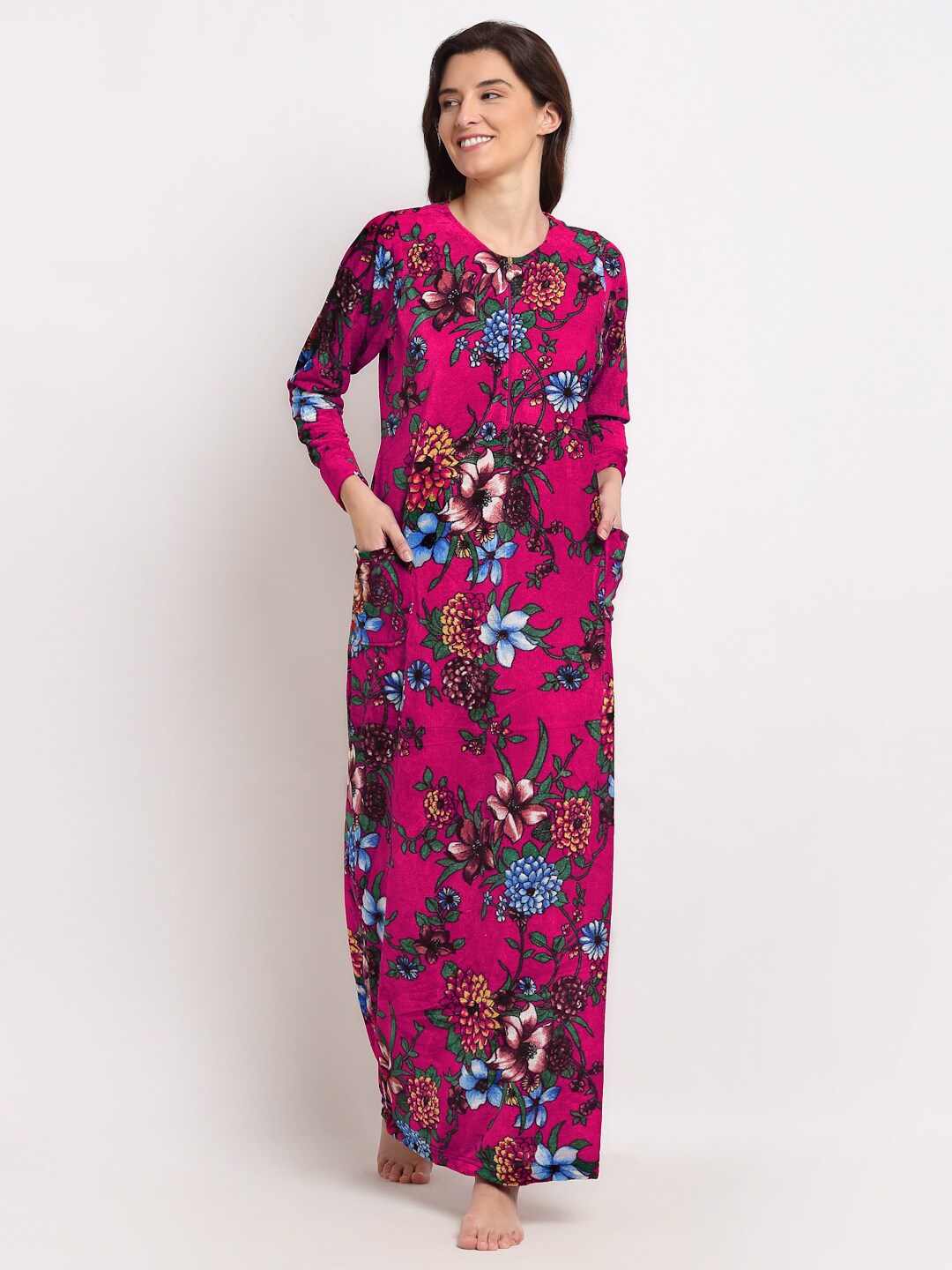 

NEUDIS Floral Printed Long Sleeves Fleece Nightdress, Maroon