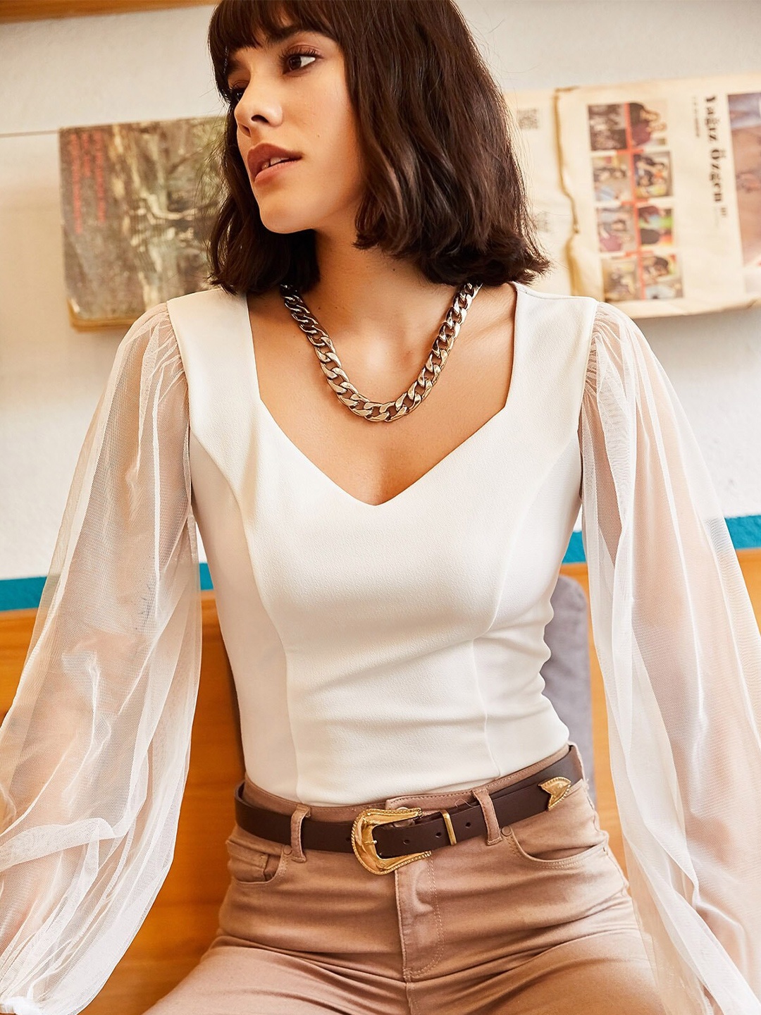 

Olalook Sweetheart Neck Bishop Sleeves Semi Sheer Fitted Top, White