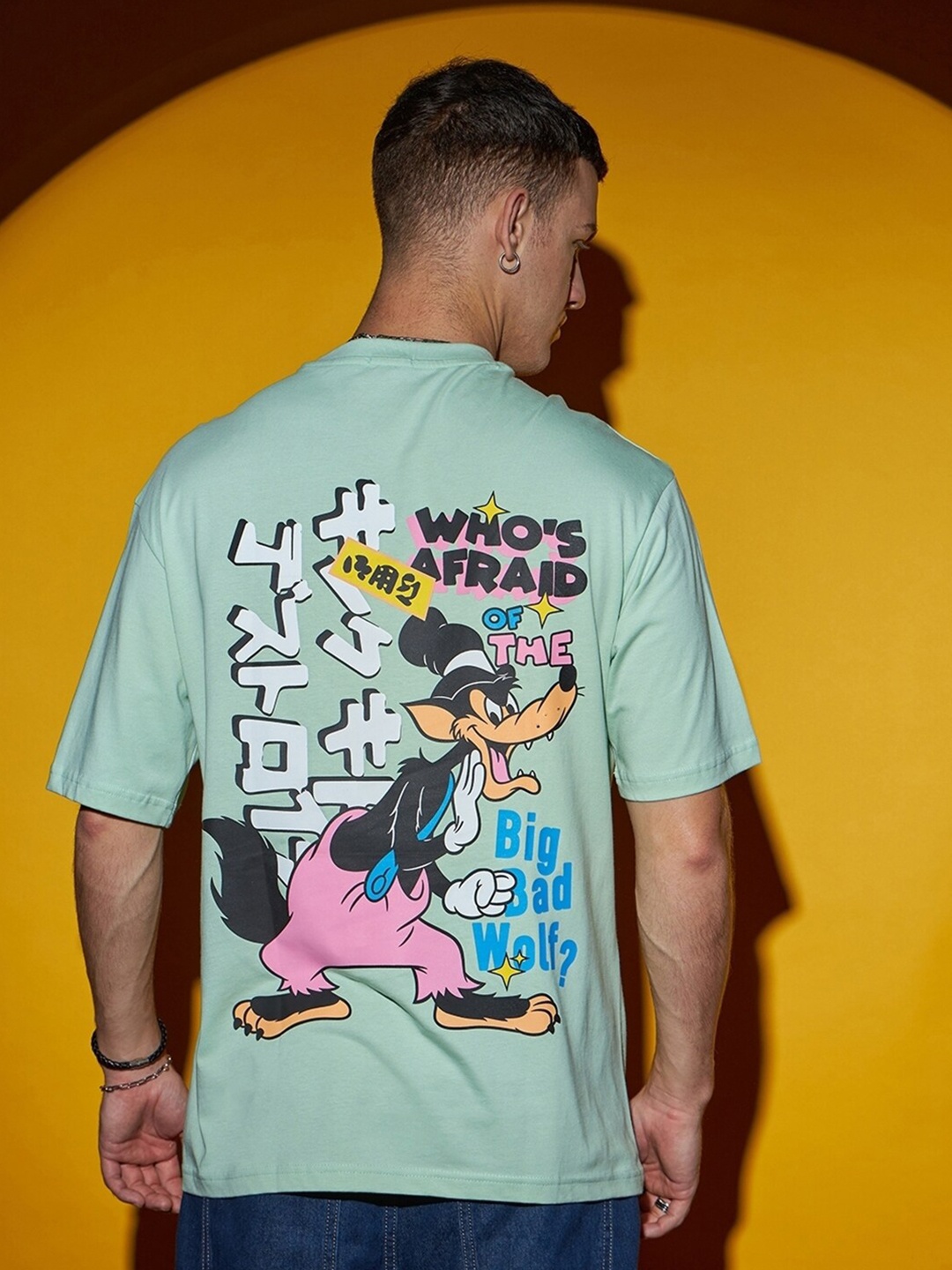 

Bewakoof Sea Green Big Bad Wolf Printed Drop-Shoulder Sleeve Pure Cotton Oversized T-shirt