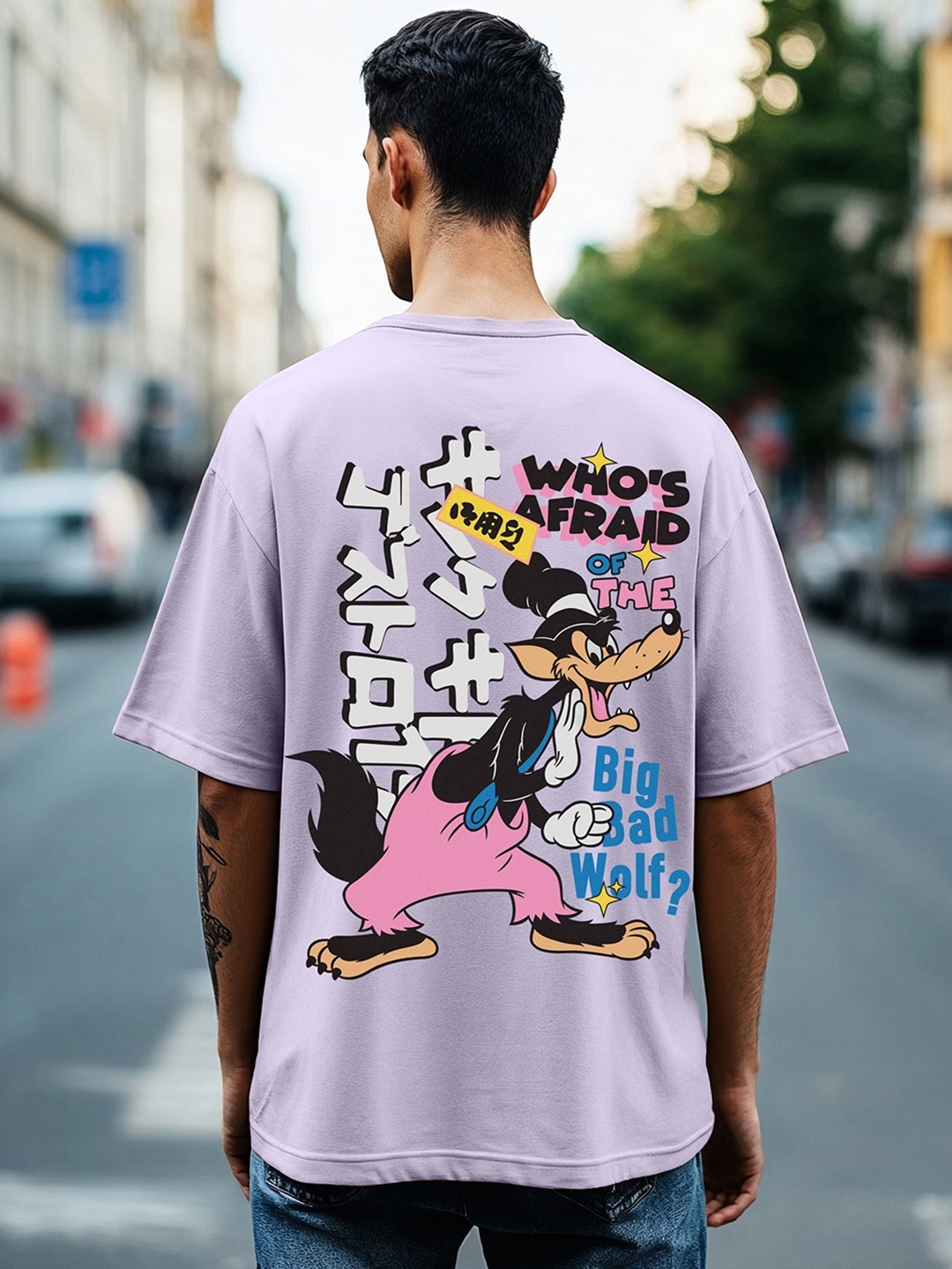 

Bewakoof Big Bad Wolf Printed Drop-Shoulder Sleeves Oversized Cotton T-shirt, Purple