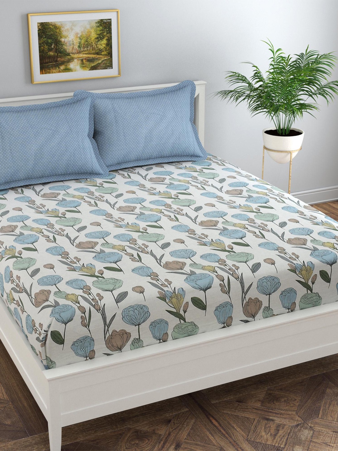 

Florida White Floral Cotton 300 TC Fitted Queen Bedsheet with 2 Pillow Covers