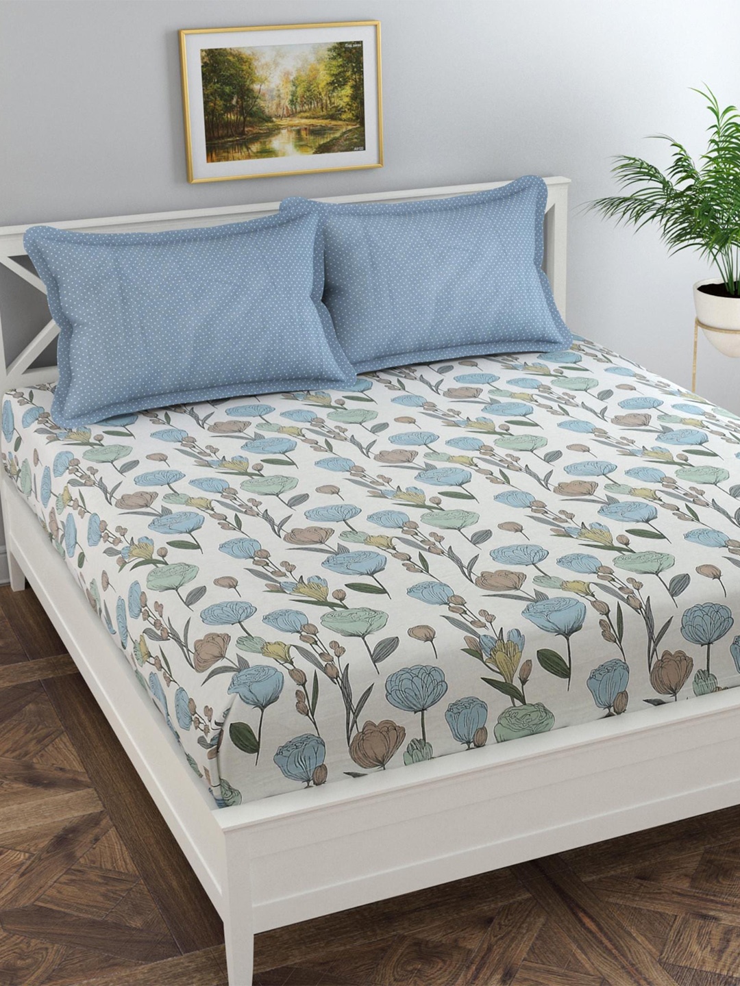 

Florida White Blue Ethnic Motifs Cotton 300 TC Queen Bedsheet With 2 Pillow Covers