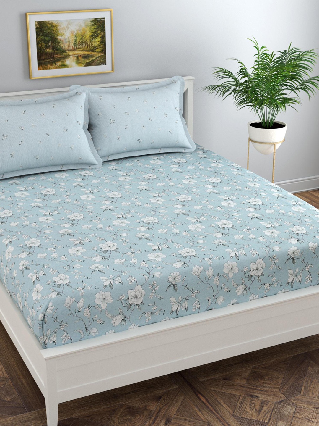 Florida Blue Floral Cotton 300 TC Queen Bedsheet with 2 Pillow Covers