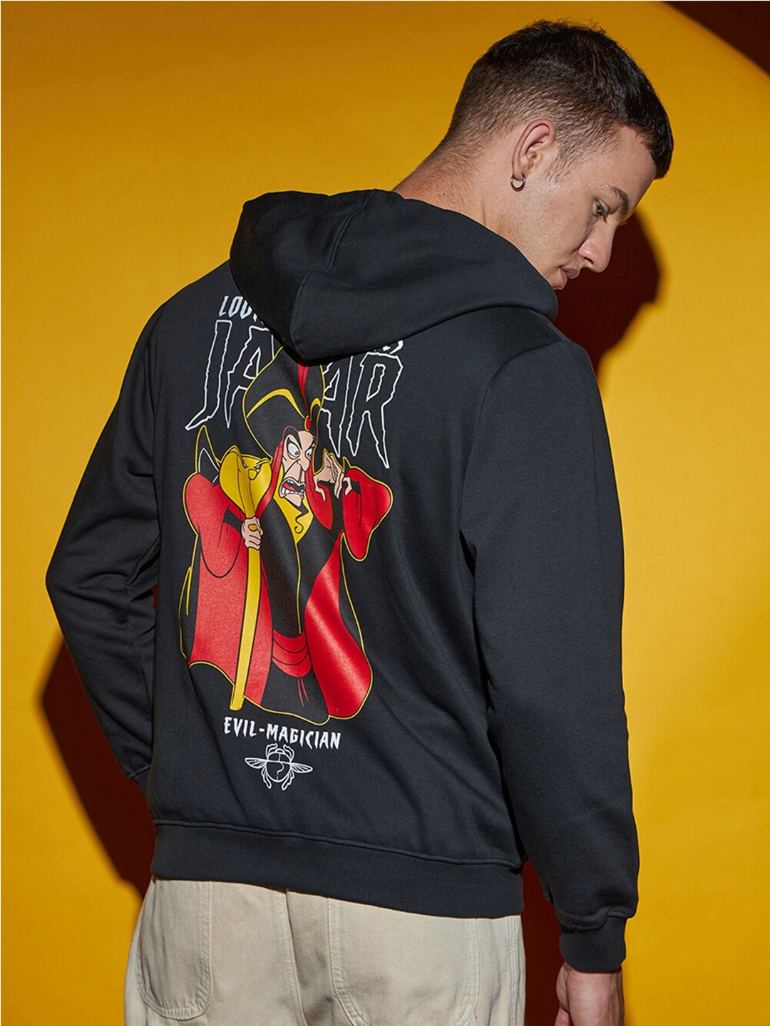 

Bewakoof Black Evil Magician Graphic Printed Hooded Fleece Front-Open Sweatshirt
