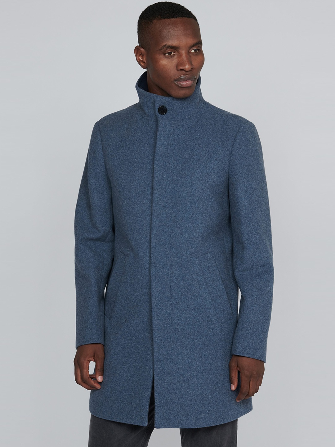 

Matinique Stand Collar Single Breasted Hip Length Overcoat, Blue