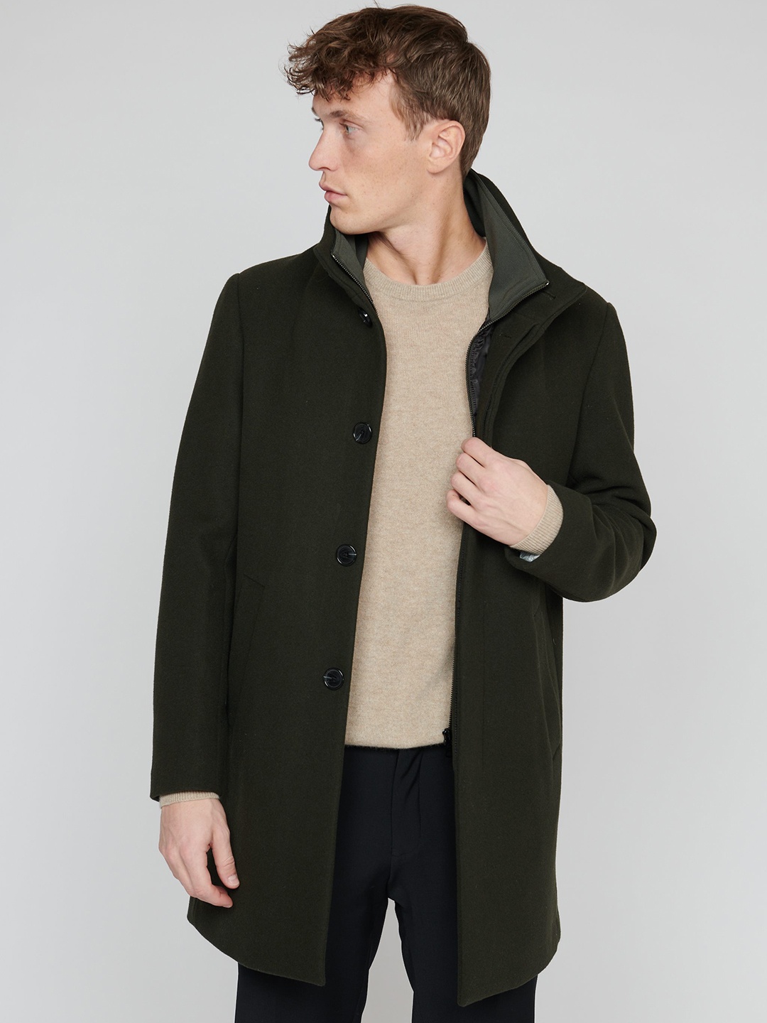 

Matinique Stand Collar Single Breasted Hip Length Overcoat, Green