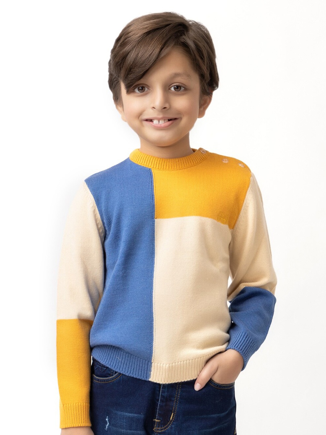 

Purple United Kids Unisex Kids Mustard & Multicoloured Colourblocked Pullover