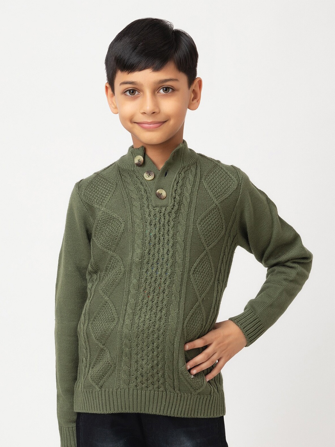 

Purple United Kids Boys Cable Knit Self Design Mock Collar Acrylic Pullover Sweater, Olive