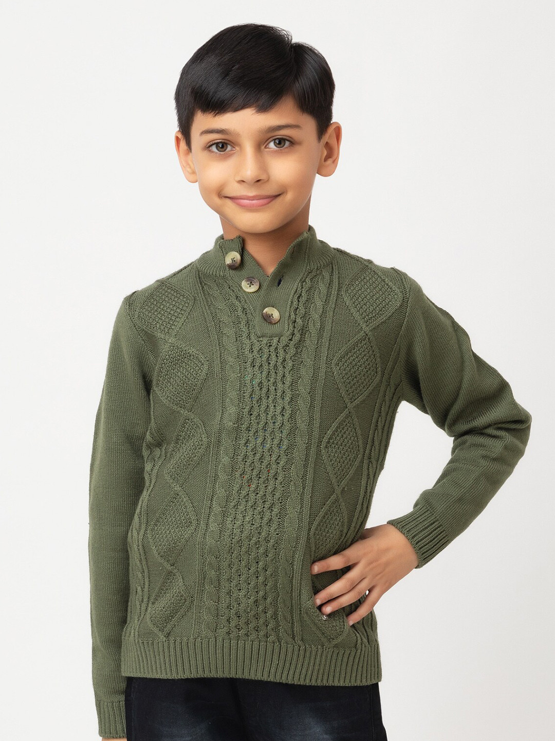 

Purple United Kids Boys Cable Knit Mock Collar Pullover, Olive