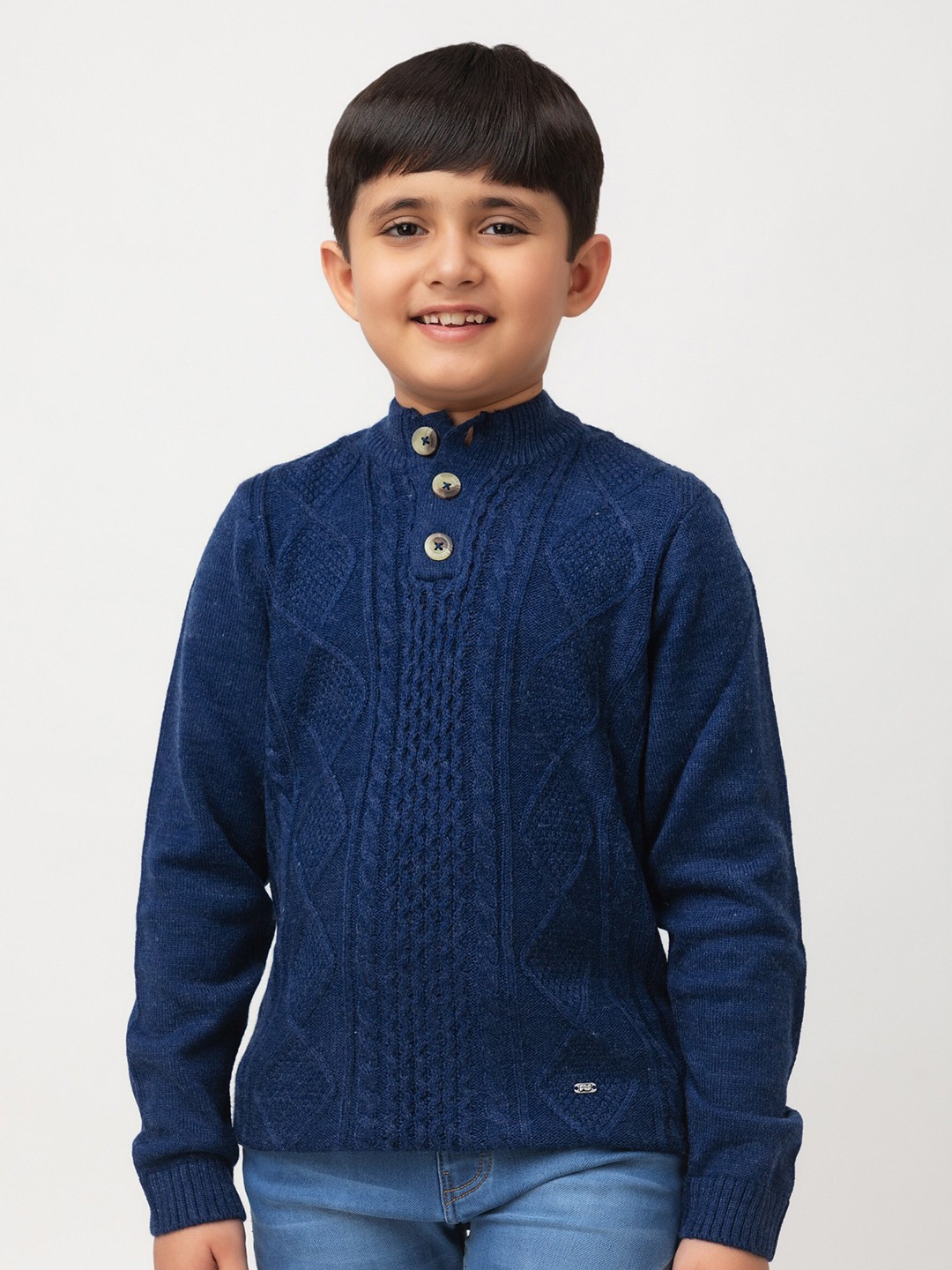 

Purple United Kids Boys Cable Knit Mock Collar Pullover, Navy blue