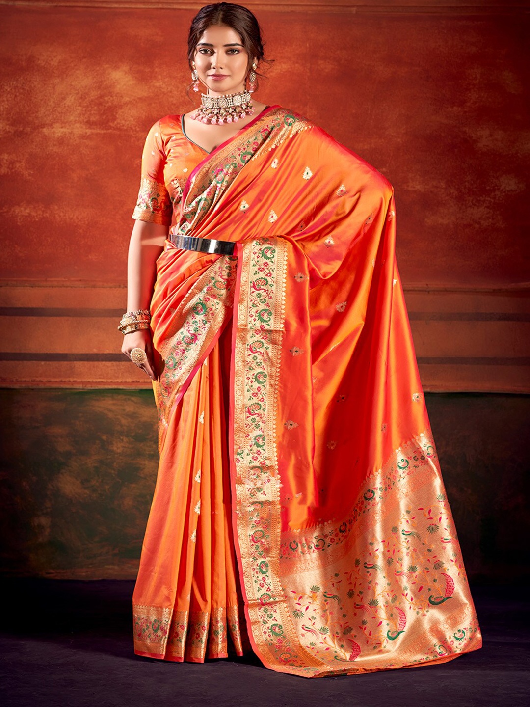 

Kalapushpi Ethnic Motifs Woven Design Zari Banarasi Saree, Orange