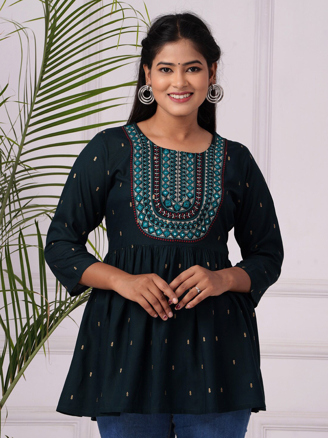 

BAESD Ethnic Motifs Printed Mirror Work A-Line Top, Green