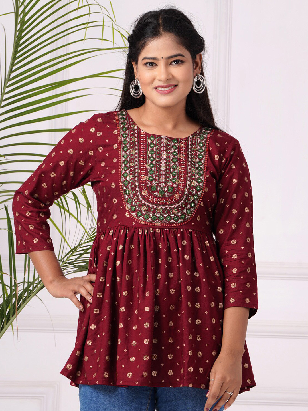

BAESD Ethnic Motifs Printed Mirror Work Pleated A-Line Top, Maroon
