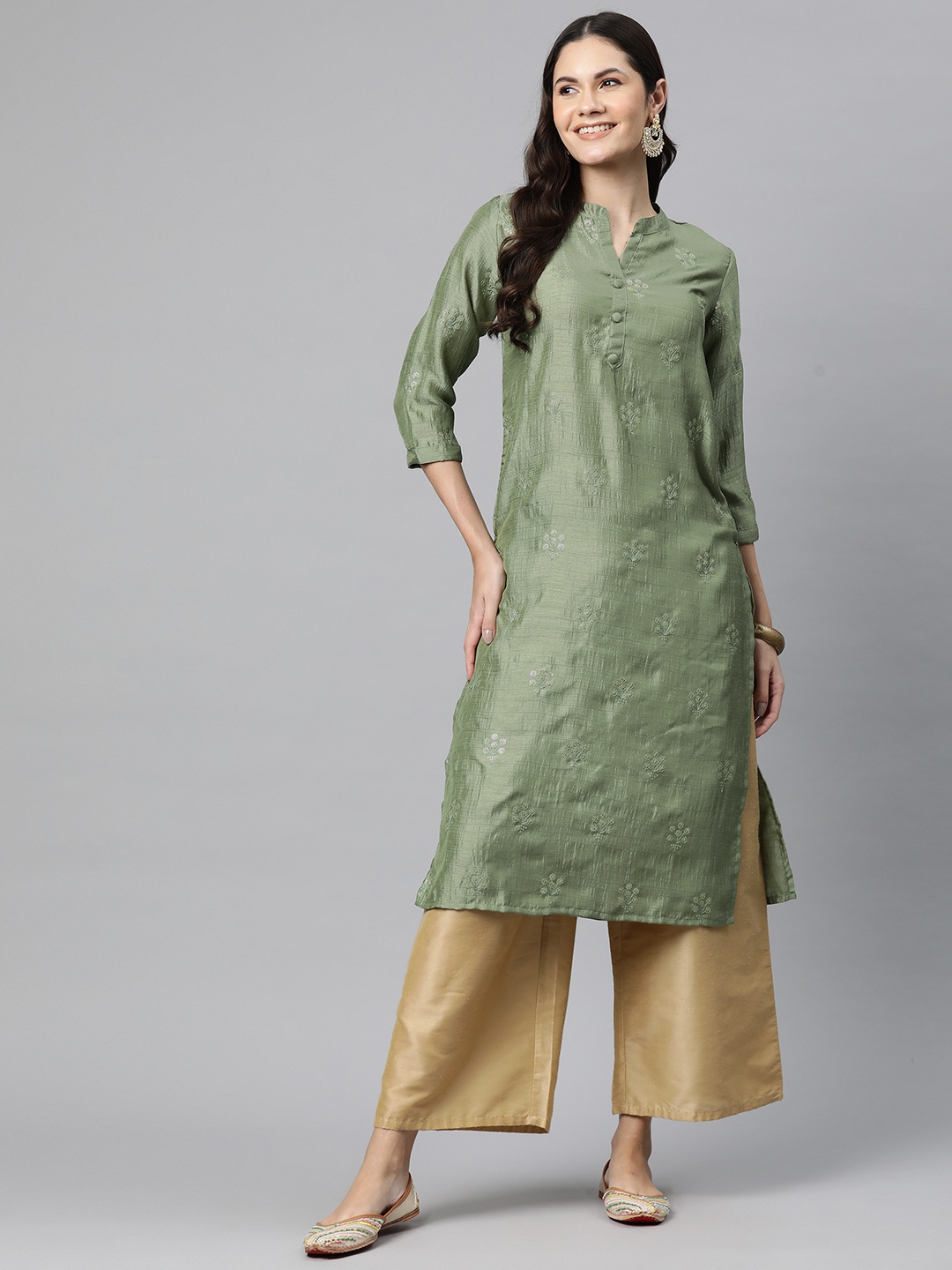 

Readiprint Floral Embroidered Mandarin Collar Sequinned Pure Silk Kurta, Olive