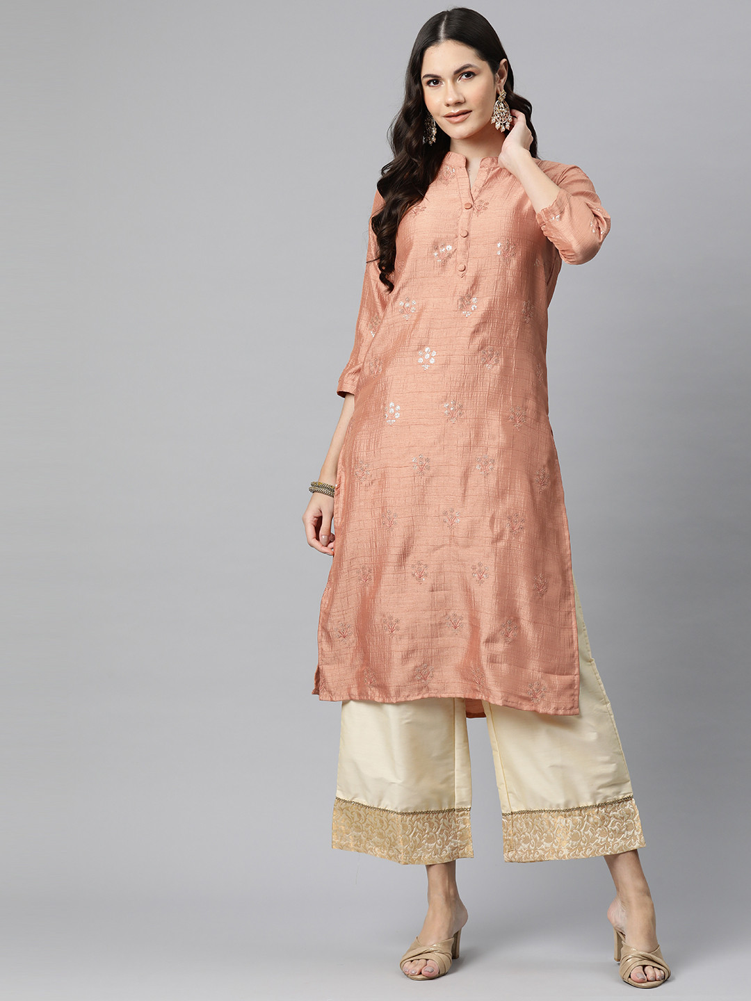 

Readiprint Floral Embroidered Mandarin Collar Sequinned Pure Silk Kurta, Rust