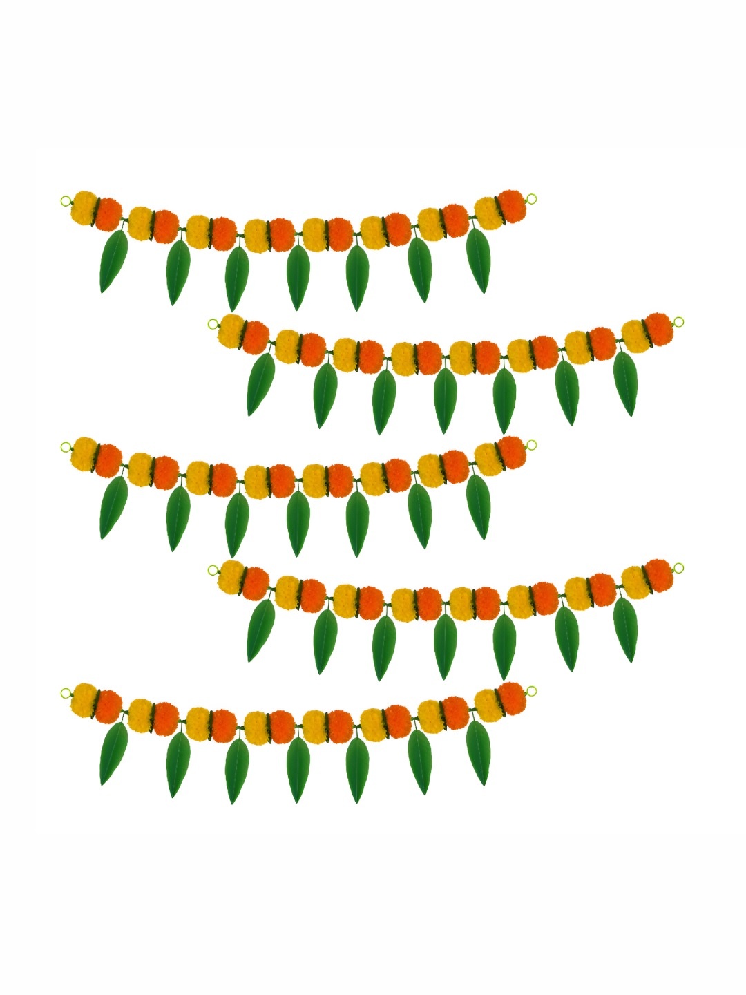 

iHandikart Yellow Orange 5 Pieces Marigold With Mango Leaf Hanging Toran Artificial Flower