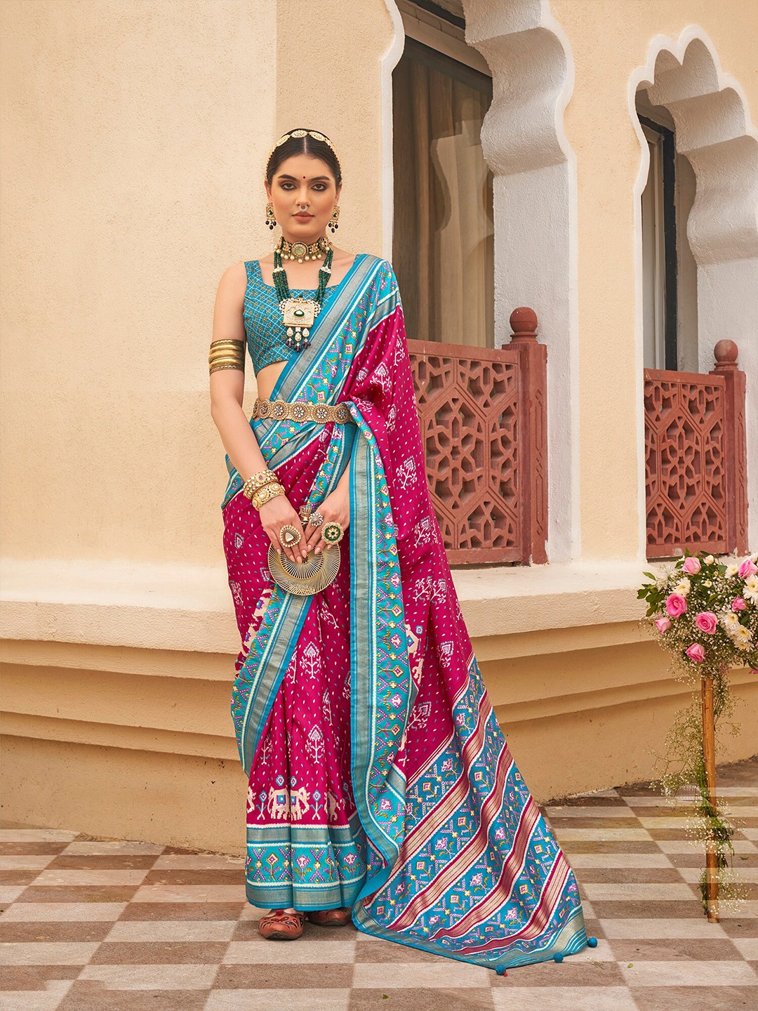 

elora Ethnic Motifs Woven Design Zari Patola Saree, Pink