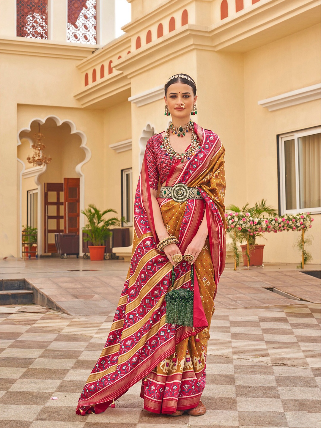 

elora Ethnic Motifs Woven Design Patola Saree, Yellow