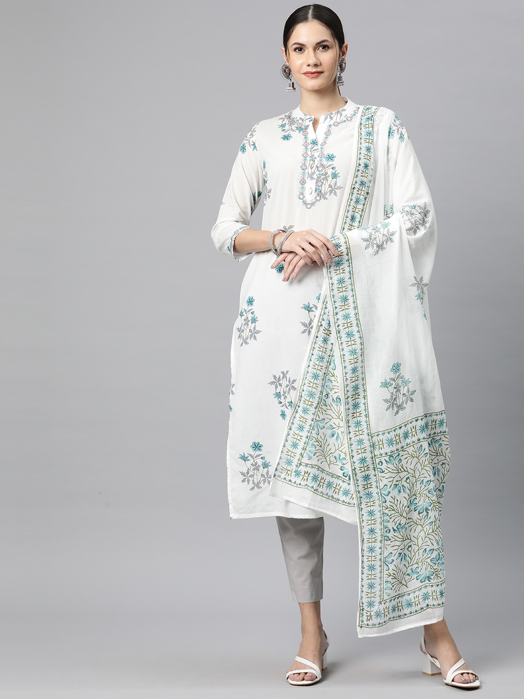 

Readiprint Fashions Floral Printed Mirror Work Pure Cotton Kurta with Trousers & Dupatta, White