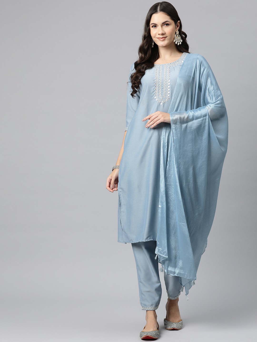 

Readiprint Fashions Ethnic Motifs Embroidered Mirror Work Pure Silk Kurta Set, Blue